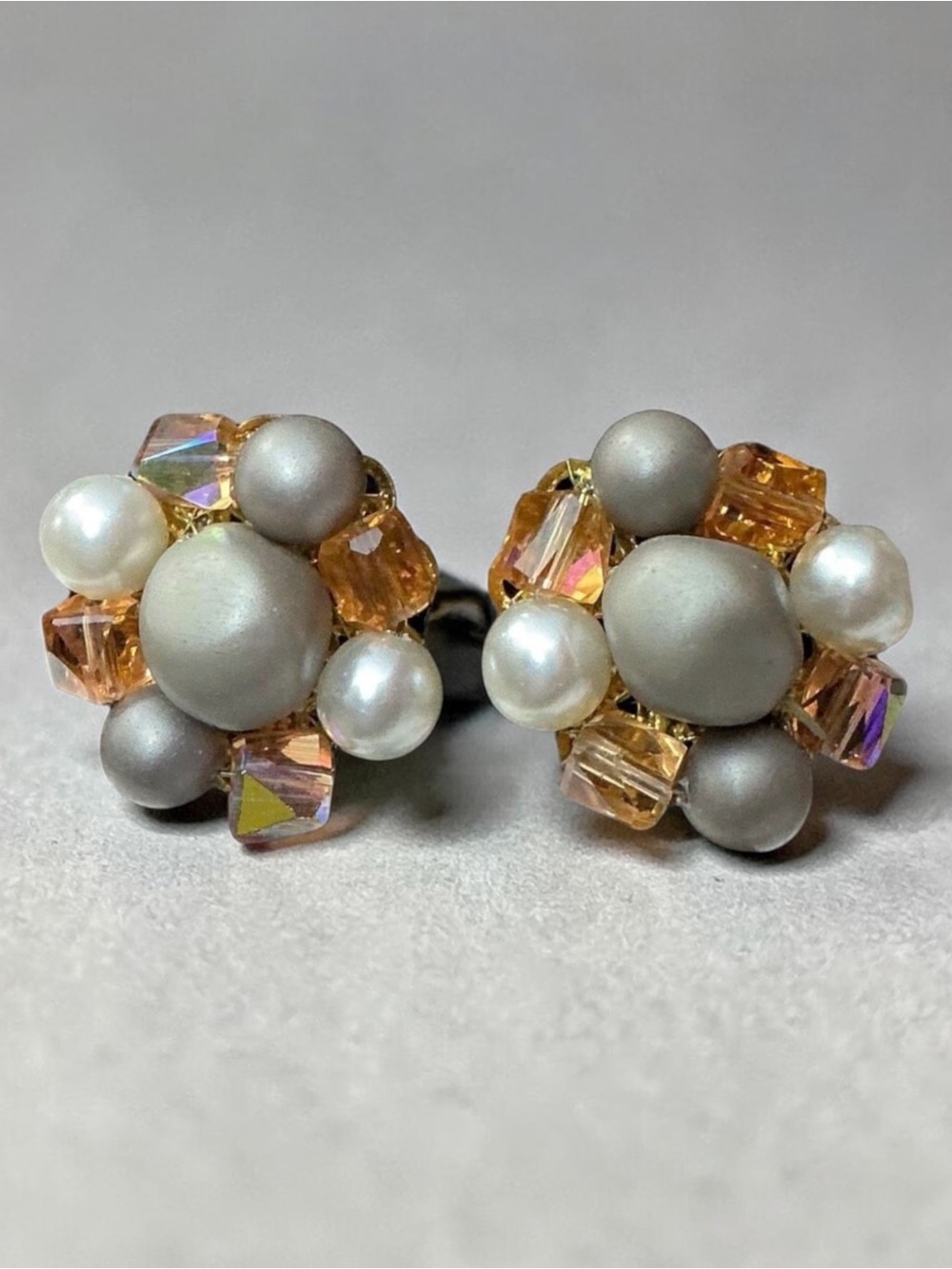 Vintage Brown Garnet Burnt Orange Beaded Grey & Pearl Crystal Clip On Earrings